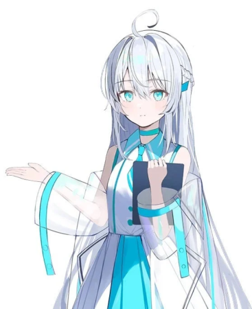 白い長髪と青い目を持つアニメの少女が描かれています。