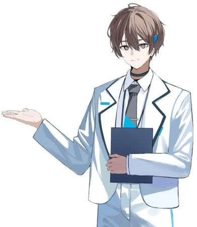 白い研究着のような衣装を着た茶髪の男性アニメキャラクターが、笑顔で片手を差し出し、もう片方の手で書類を抱えています。