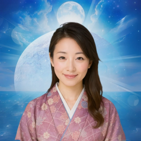ピンクの着物を着た女性が微笑んでおり、背景には月と惑星が浮かぶ幻想的な青い宇宙が広がっています