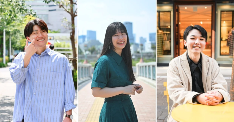 屋外で笑顔の男女3人