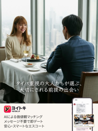 高層階レストランで食事をする男女とYoitokiの広告