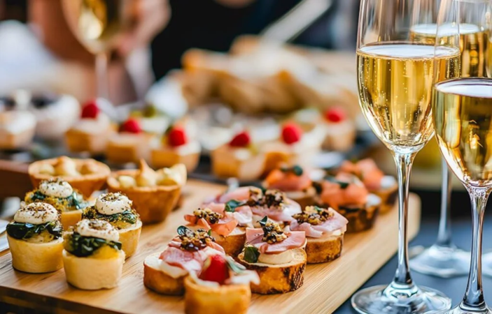 彩り豊かなカナッペやミニタルト、そして泡立つシャンパンが並べられた華やかなテーブルの様子です。パーティーやお祝いの席にぴったりの、食欲をそそる美食の光景が広がっています。