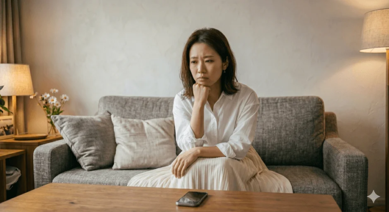 リビングのソファに座り、スマートフォンを前にして物思いにふけるアジア人女性。心配そうな表情で、何か悩んでいる様子がうかがえる。