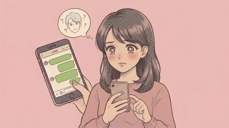 悩む女性とLINEの吹き出し