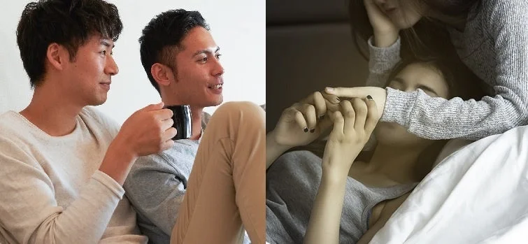 リラックスして会話する男性二人と手を取り合うカップルの写真