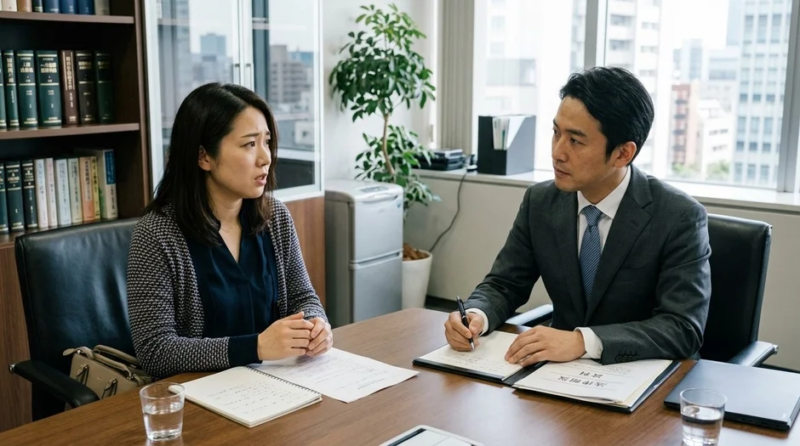 オフィスで男女が真剣な表情で向かい合っている。女性が話す中、男性は書類にメモを取っており、法律事務所のような専門的な相談の場面を思わせる。背景には法律書が並んだ本棚がある。