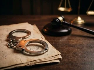 法律、司法、手錠、裁判、犯罪、正義、書類、古文書、木槌、天秤