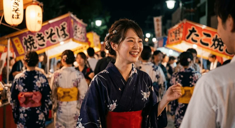 夏祭りの屋台で楽しむ女性