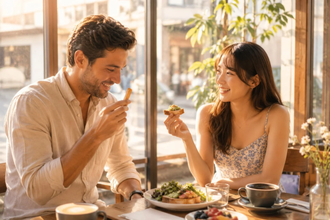 カフェで会話を楽しむカップル