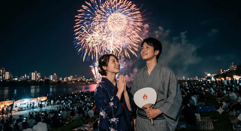 花火を見上げる浴衣姿のカップル