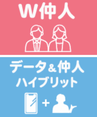 ピンクと水色のセクションで構成されており、上部には「W仲人」の文字と男女のアイコン、下部には「データ&仲人 ハイブリット」の文字とスマートフォン、人物のアイコンが描かれ、結婚相談やマッチングサービスの種類を示しています。